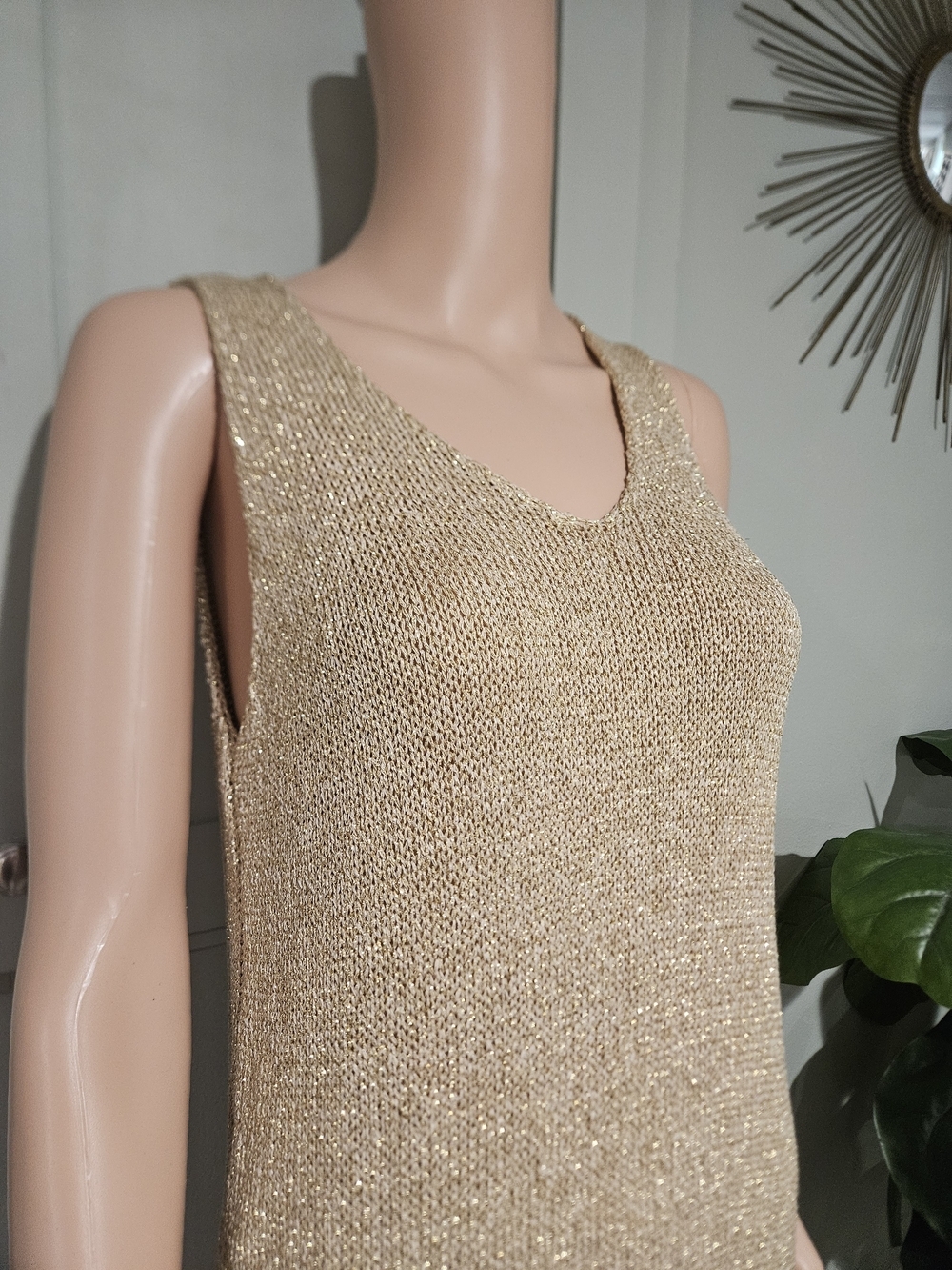YUNIKA Made in Italy Gold Metallic Knit Midi Dress Sparkle Sleeveless. S/M - Picture 10 of 16
